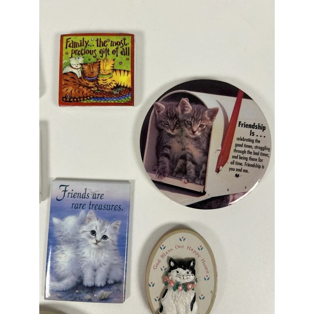 Lot of 9 VTG Cat theme Refrigerator Magnets Friendship Quotes Round Square